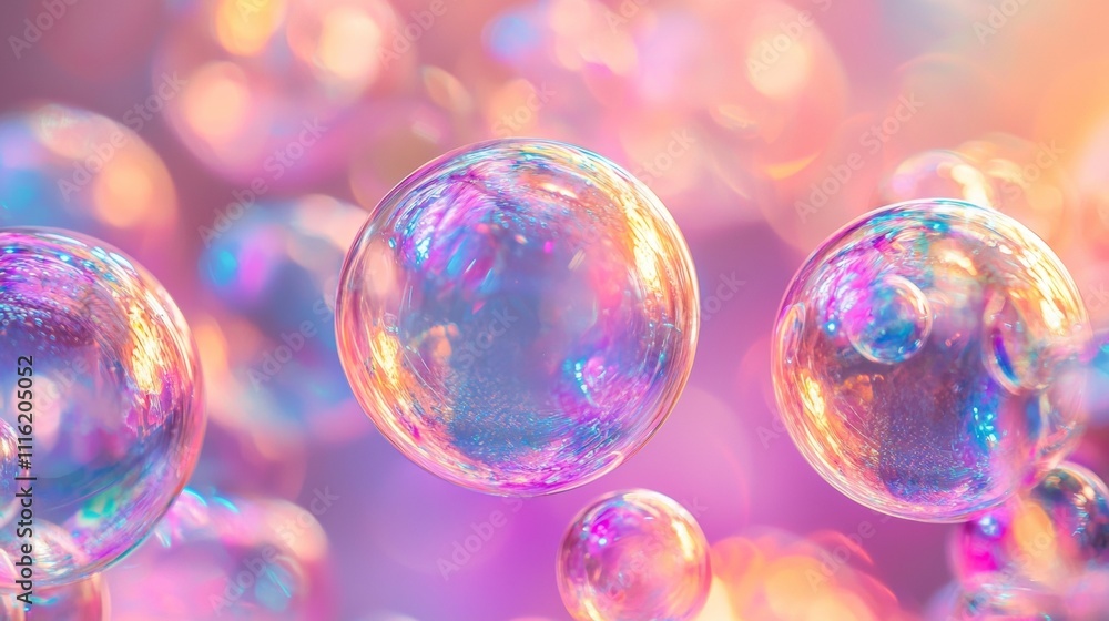 Poster close-up of colorful soap bubbles with iridescent reflections