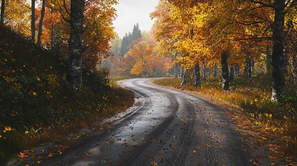 Fototapeta premium Winding Road Surrounded by Autumn Forest