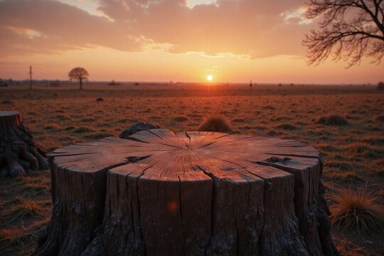 Serene landscape sunset rustic tree stump weathered surface