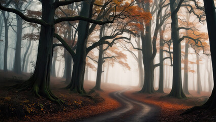 A serpentine route winds its way through a thicket of high trees boasting thick trunks, progressing toward a mist-laden horizon. The trees lack leaves, and the surface is adorned with fallen foliage. 