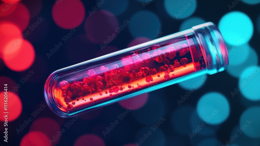 Poster a vibrant test tube filled with glowing liquid, suspended against a backdrop of colorful bokeh light