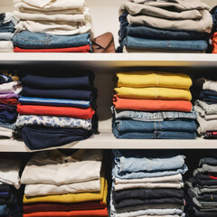 A stack of folded soft, smooth clothes. Multi-colored T-shirts lie on open shelves. Concept of diversity in the world, lifestyle, order in the house, minimalism.