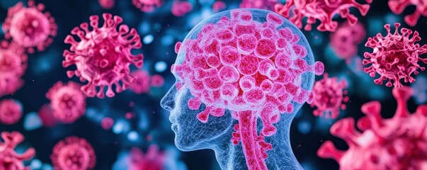 A digital illustration of a human head surrounded by colorful virus-like structures, symbolizing the intersection of the mind and infectious diseases.