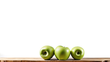 Apples on a wooden shelf. The fruits are green - ripe and juicy. The background is a white wall. Vertical illustration with space for text.