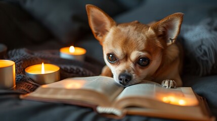 A small chihuahua is isolated on a cozy black bed and reading a book with candles