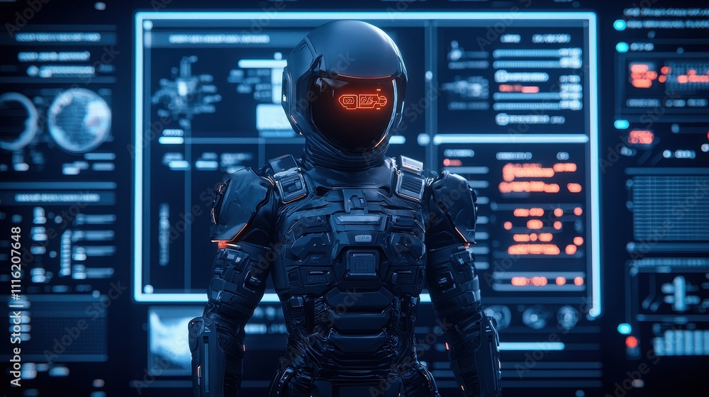 Poster a futuristic humanoid robot in a high-tech environment, showcasing advanced technology and digital i