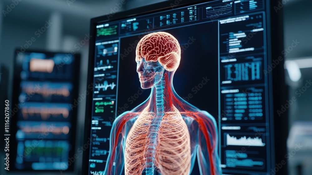 Poster a digital representation of a human body highlighting the brain and skeletal structure, set against 