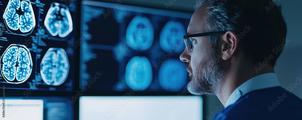 Poster a focused professional analyzes brain scans displayed on monitors, highlighting the intersection of 