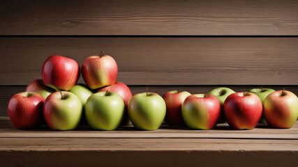 Apples on a wooden shelf. The fruits are of three colors: red, green and yellow with leaves. They are all ripe and juicy. The shelf is made of rough-hewn wood and has a natural finish. 