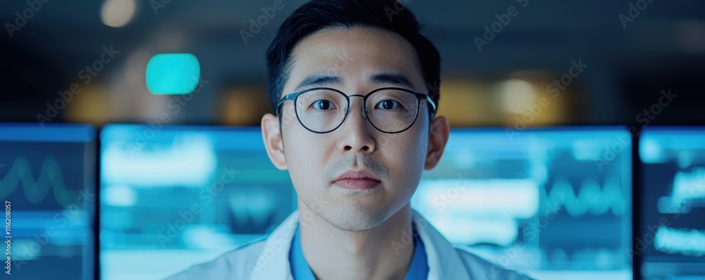 Poster a focused scientist in a lab coat stands before multiple screens displaying data, embodying research