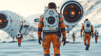 A group of astronauts in orange suits prepare for their space mission among sleek, futuristic spaceships against a snowy landscape, symbolizing exploration and unity.