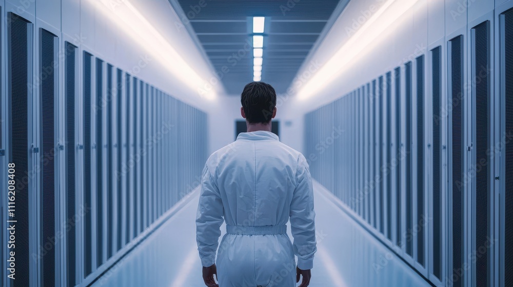 Poster a technician in a lab coat stands in a high-tech corridor surrounded by server racks, emphasizing a 