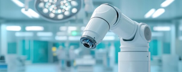 A robotic arm in a clinical setting, showcasing advanced technology in surgery or healthcare environments.