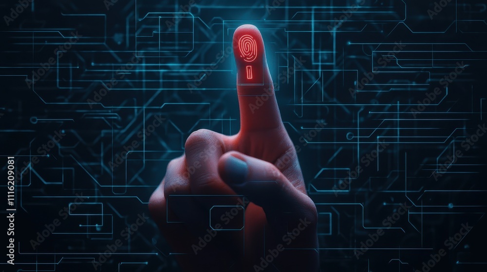 Poster a hand with a finger displaying a digital fingerprint illuminates against a dark, circuit-like backg