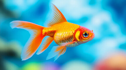 Fototapeta premium Vibrant Goldfish Swimming Gracefully in Clear Blue Water with Luminous Background Elements