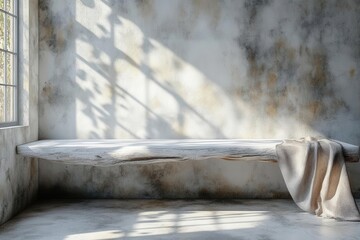 an abstract white wood table background, bathed in light and shadow from a nearby window, creating a soft, inviting space perfect for product display and presentation