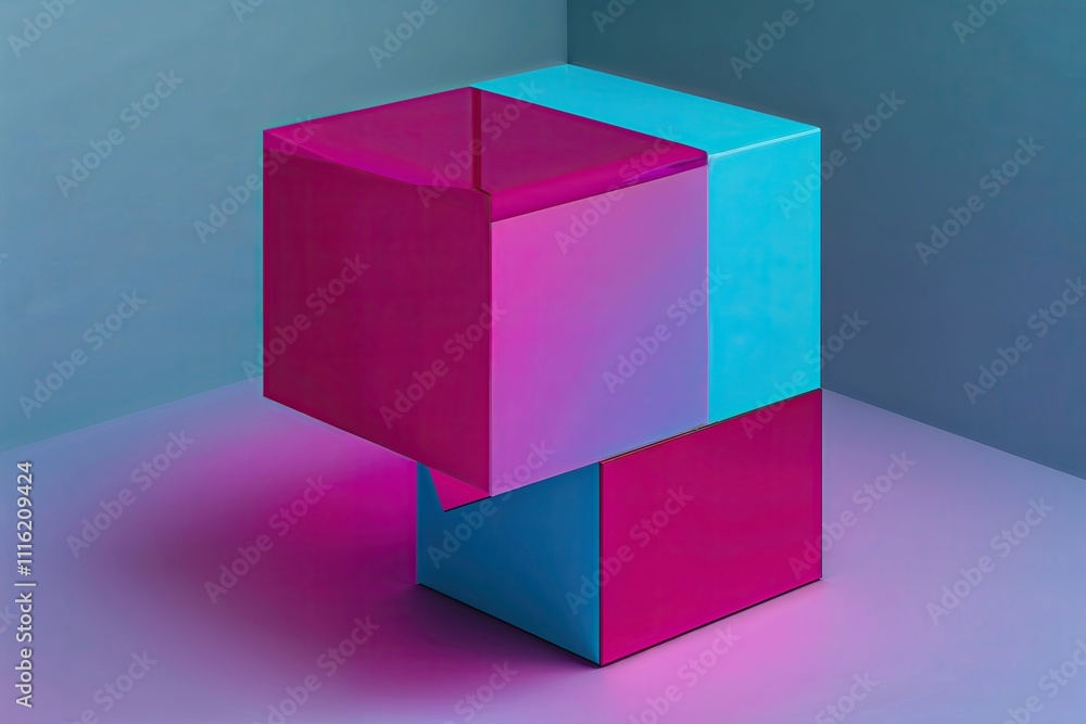 Poster cyan and magenta minimalist 3d cube design with vibrant square shapes