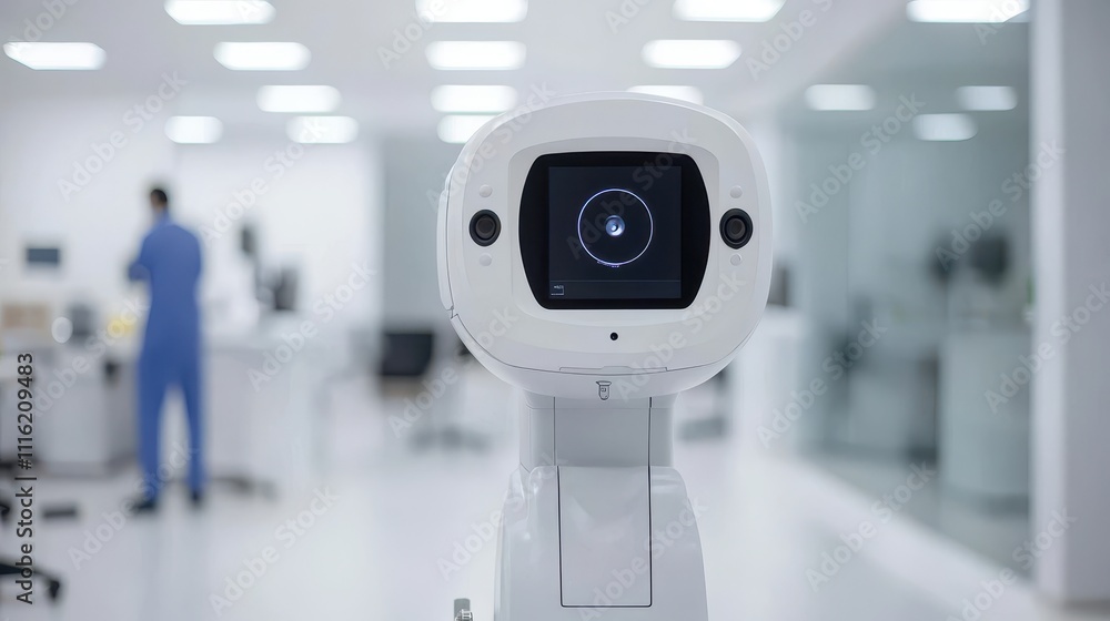 Poster a modern robotic device with a camera lens focuses in a bright lab, indicating advanced technology i