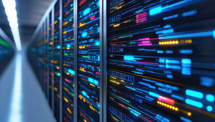 Naklejka premium A visually striking data center with colorful lights on server racks, representing advanced technology and digital infrastructure.