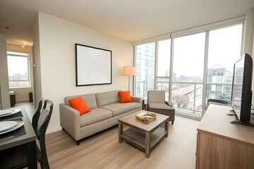Fototapeta premium Modern apartment living room with city view, sofa, armchair, and coffee table.