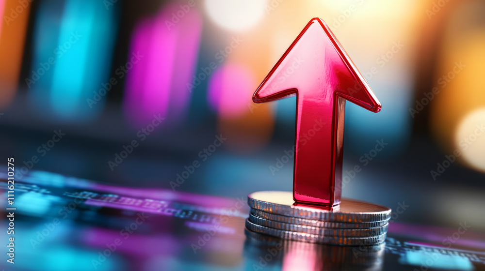 Poster red arrow symbolizing growth and success with coins on abstract colorful background