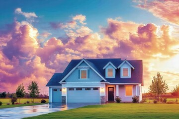 an elegant exterior view of a newly-built house featuring a spacious garage and a lush lawn, beautifully illuminated by sunlight under a clear blue sky with fluffy white clouds