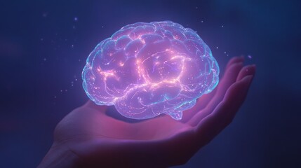 Fototapeta premium Glowing human brain held gently in a hand, representing intelligence, ideas, and knowledge.