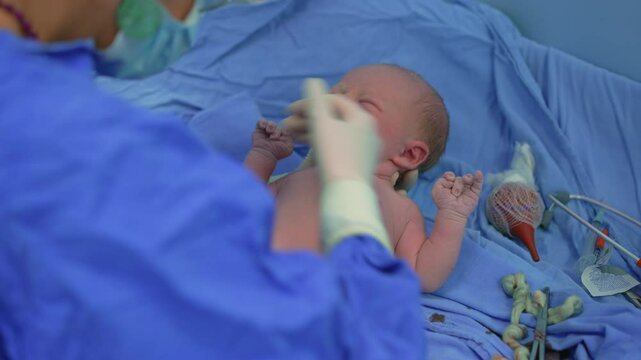 A just-born baby is examined by a pediatrician immediately after birth in a surgical room. A careful medical checkup ensuring the baby's health and wellbeing during the first moments of life in a