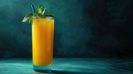 A refreshing glass of orange drink garnished with mint, served with a straw.