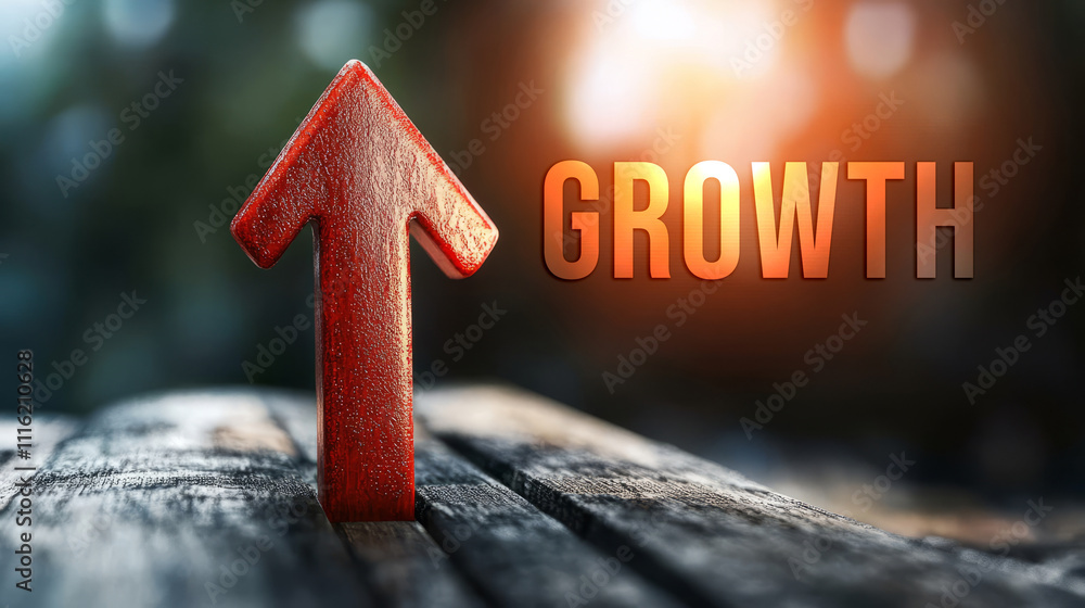 Poster dynamic arrow symbolizing growth and progress on rustic wooden surface with soft light background