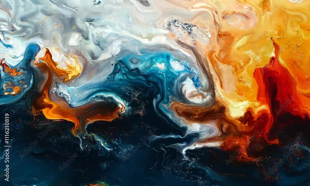 Poster abstract painting with a fusion of different textures and colors, creating a rich and complex compos