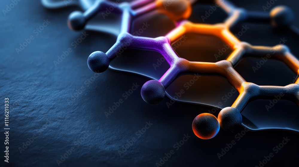 Poster abstract molecular structure with colorful light effects on dark background