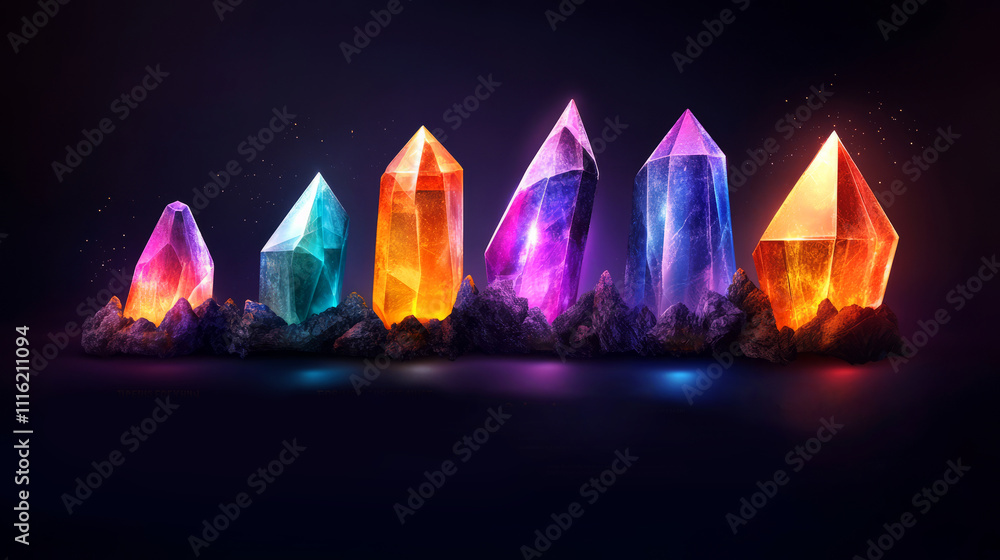Poster vibrant multicolored crystals displaying luminescence and iridescence on dark background