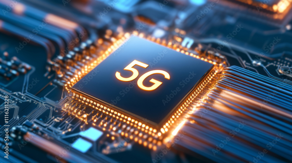 Aufkleber high-tech close-up of 5g microchip on circuit board with glowing elements and advanced design