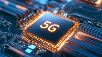 High-tech Close-up of 5G Microchip on Circuit Board with Glowing Elements and Advanced Design