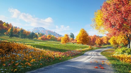 Naklejka premium Winding Road Through Colorful Autumn Landscape with Vibrant Foliage