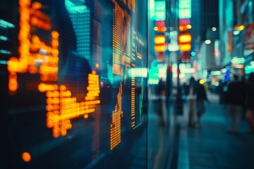 Vibrant financial building showcasing stock market data with colorful digital graphs