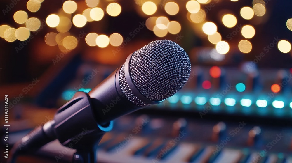 Poster a close-up of a microphone in front of a blurred mixing console, with a bokeh background of warm lig