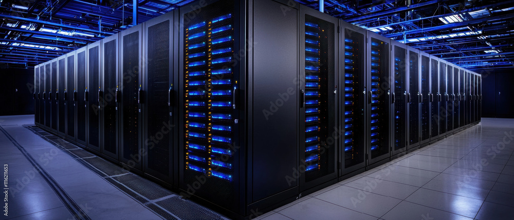 Poster a modern data center featuring rows of server racks illuminated by blue lighting, showcasing advance