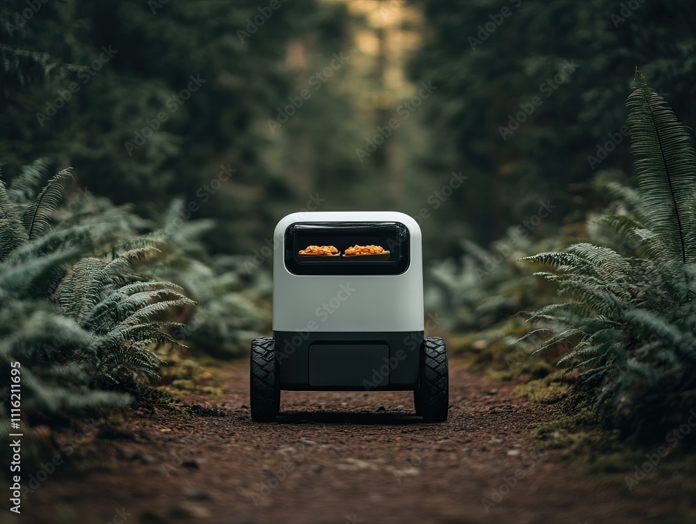 Poster a futuristic delivery robot navigates a tranquil forest path, flanked by lush greenery on either sid