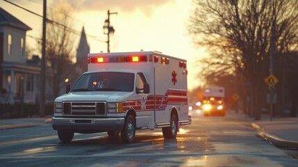 Obraz premium Ambulance rushes to accident scene urban street emergency response evening light side view calm environment