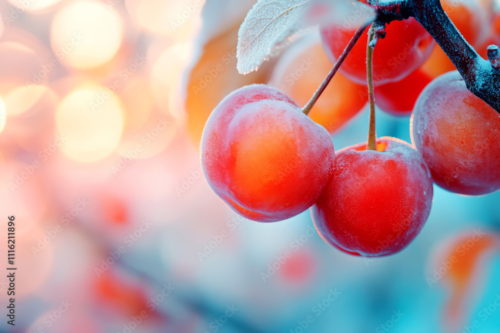 Poster close-up image of fresh ripe berries with frost on a branch against an ethereal background