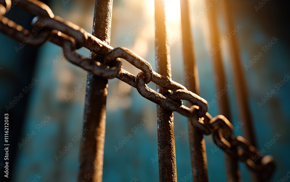 Poster a close-up of a rusty chain against a backdrop of vertical bars, illuminated by soft light, evoking 