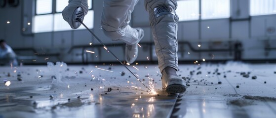 A fencer lunges forward, sword sparking as it strikes the ground, capturing the intensity and precision of the sport in a sunlit training room.