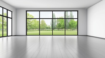 Fototapeta premium Modern frame mockup display in bright room overlooking serene green landscape minimalist design contemporary style