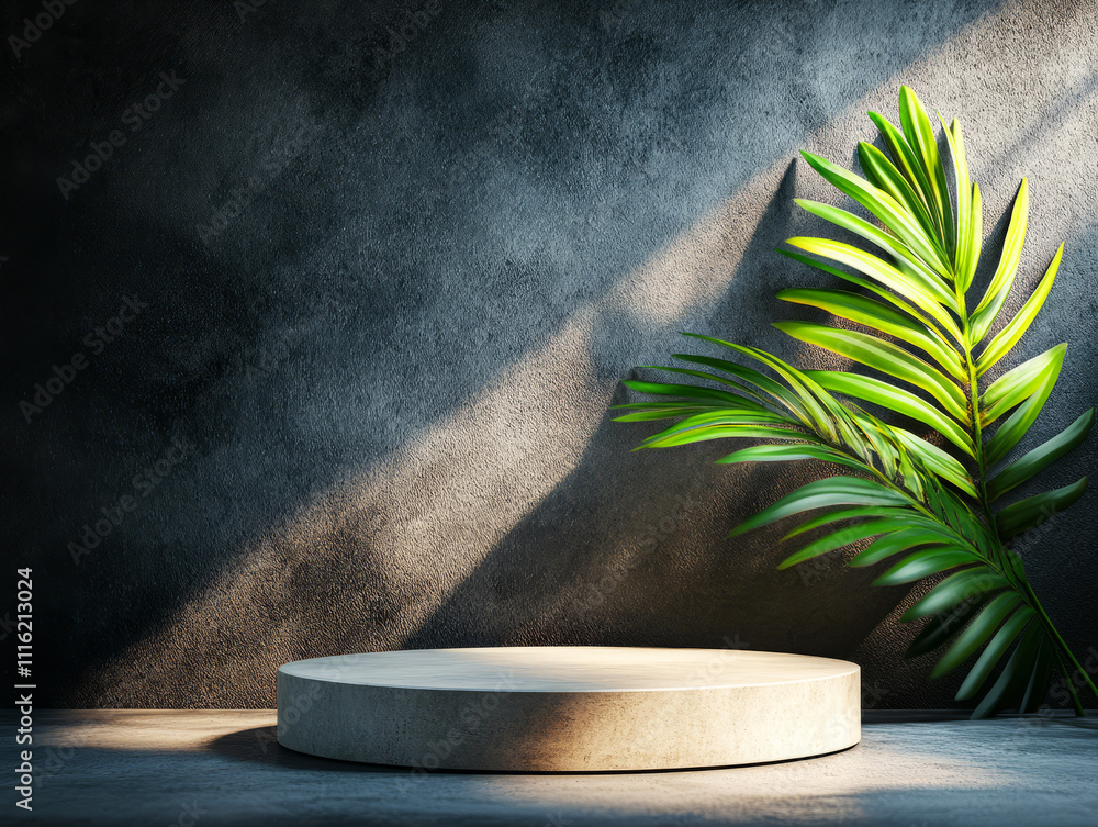 Aufkleber elegant round platform with green leaf in soft light and dark texture background