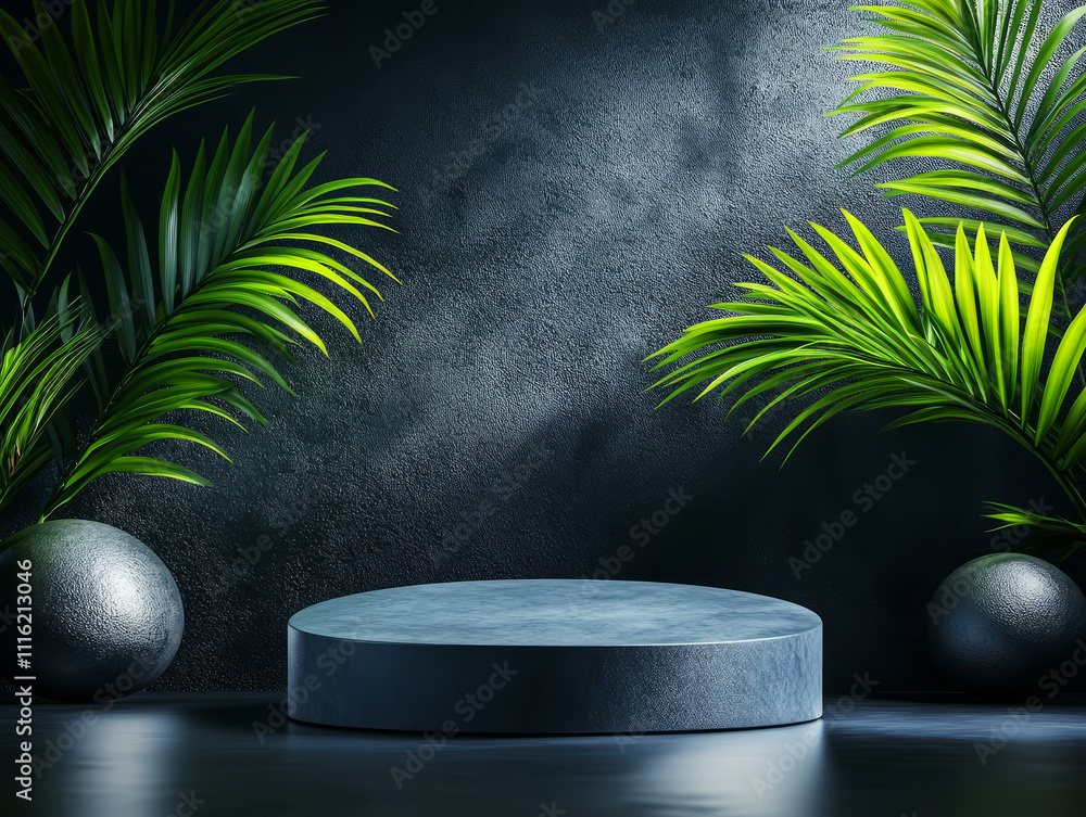Poster modern display scene with green leaves and circular platform on dark background