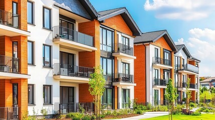 Obraz premium Contemporary design of stylish apartment complex closeup photography in urban setting under bright daylight