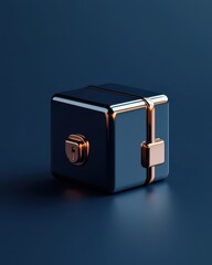 A sleek, modern cube with a shiny black and gold finish, featuring a lock mechanism, set against a dark background.