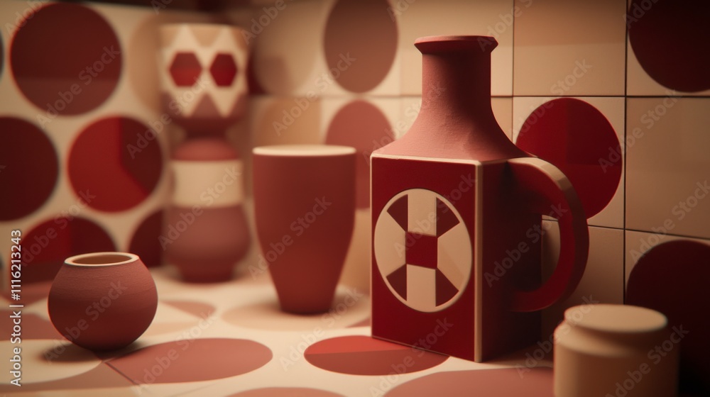 Aufkleber Modern pattern design showcase featuring geometric ceramics in a stylish interior setting for art enthusiasts